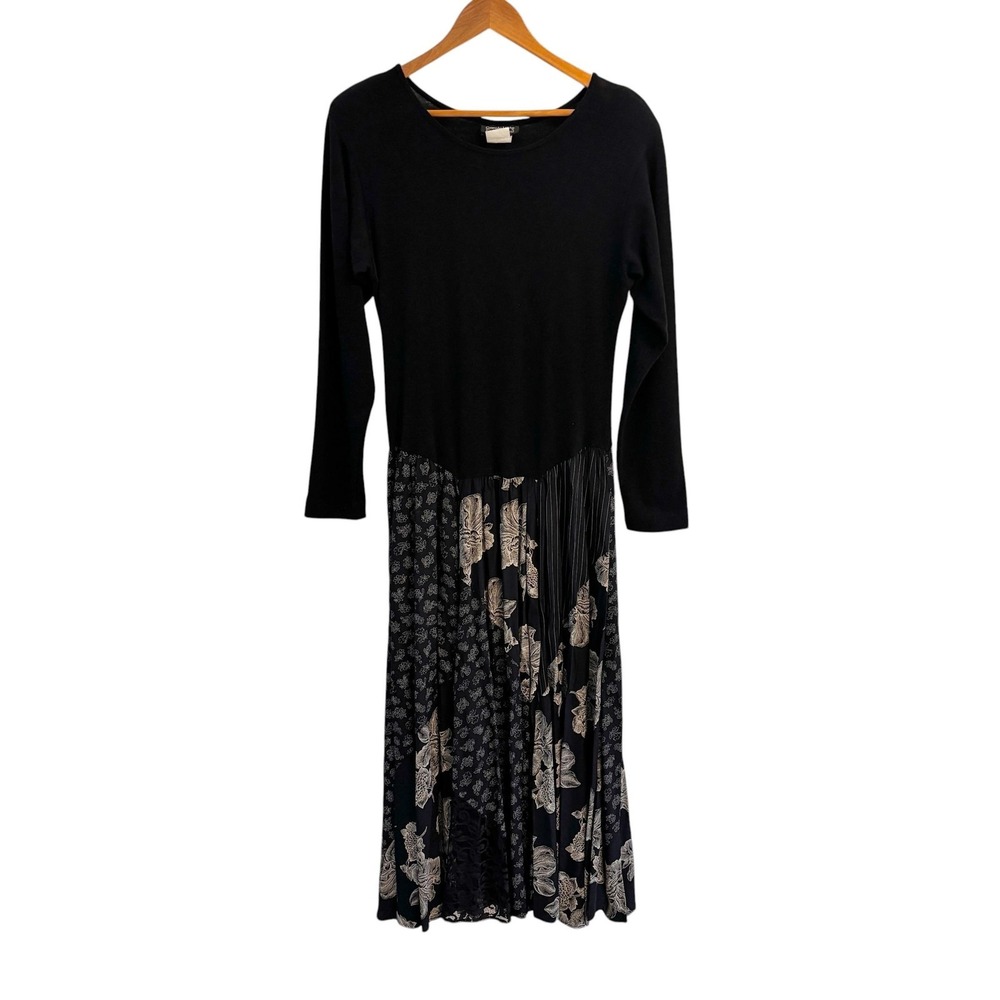 Vintage Carole Little Saint Tropez West Dress 12 Black Floral Grunge 90s Midi